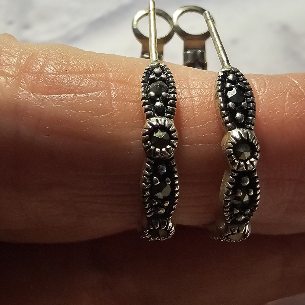 Sterling Silver Marcasite Hoop Earrings - Picture 3 of 4